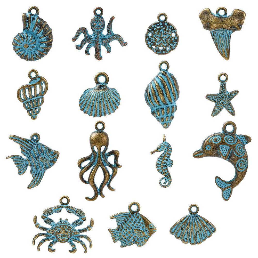6890 60 pcs 15 Style Ocean Animal Theme Alloy Charms Starfish Conch Shell